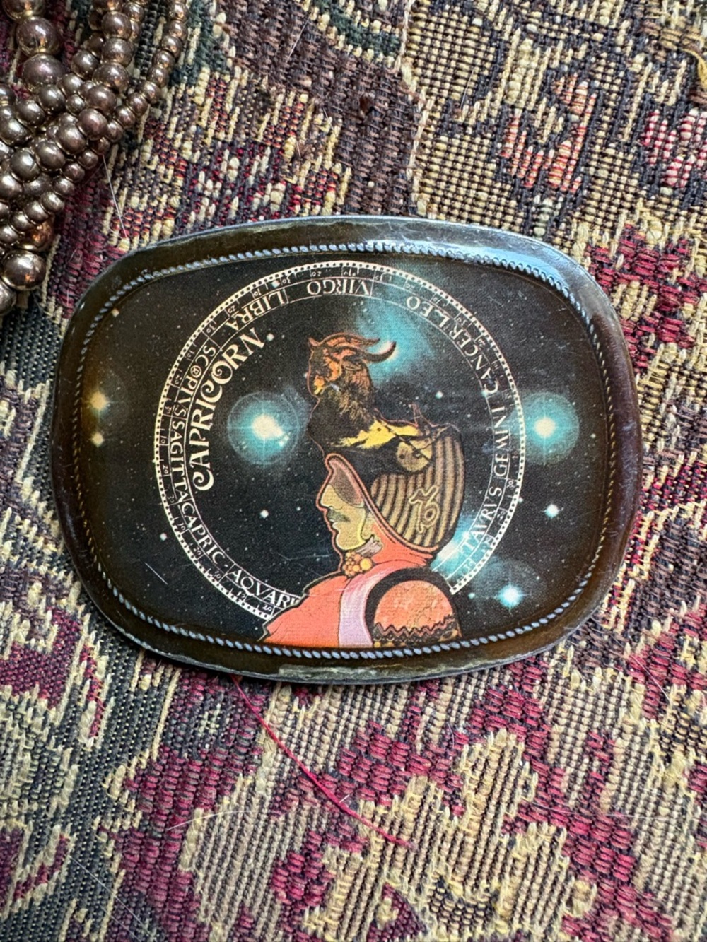 Vintage  60s 70s Zodiac Capricorn Brass Belt Buckle - Brown with Coral Accent